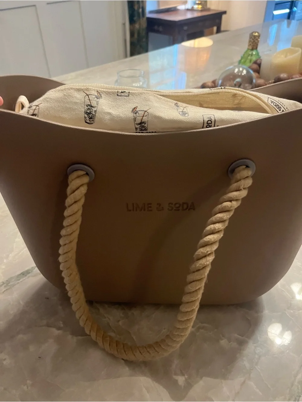 Taupe Rope-Handle Tote lime & soda